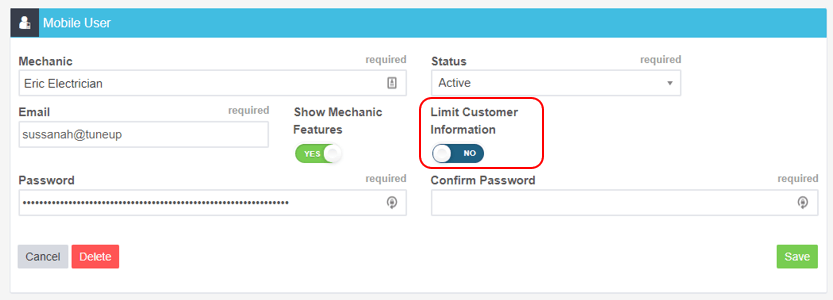 Workshop Software how to restrict customer detail access on mobile app showing “ limit customer information “ toggle so th…