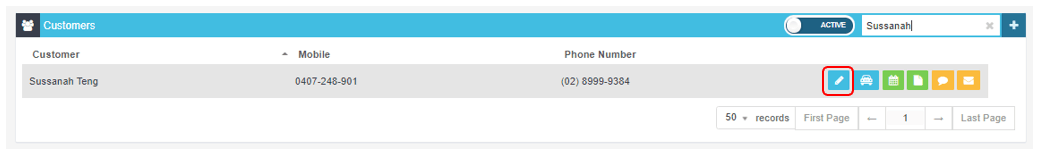 Workshop Software screen showing double click on the customer line you want to edit or click on the ’ blue pen…