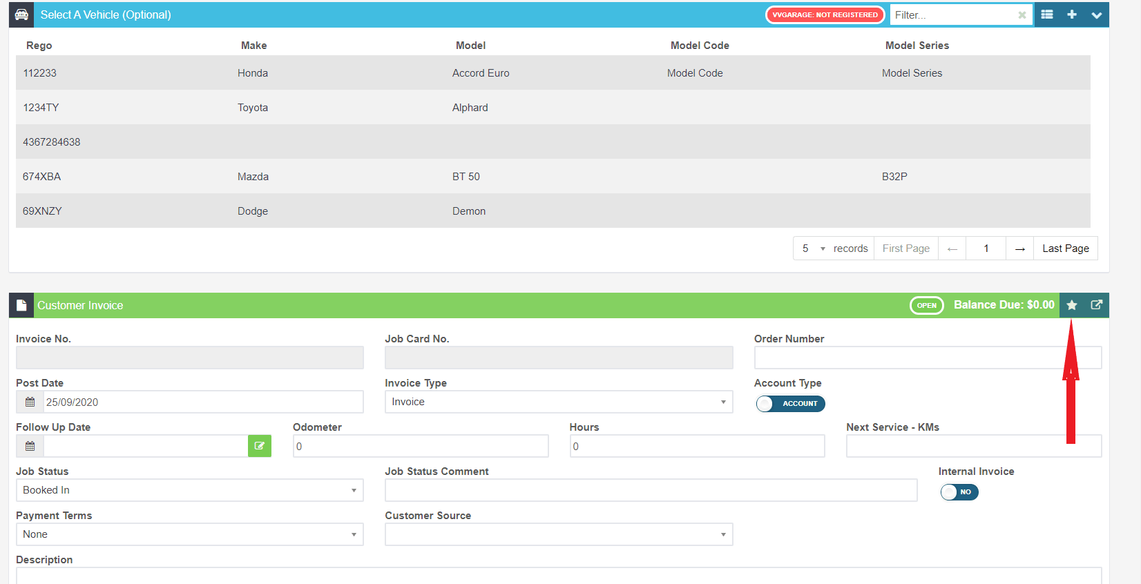 Workshop Software use the rework function showing job for a customer and click the action menu (star) on the right-hand side
