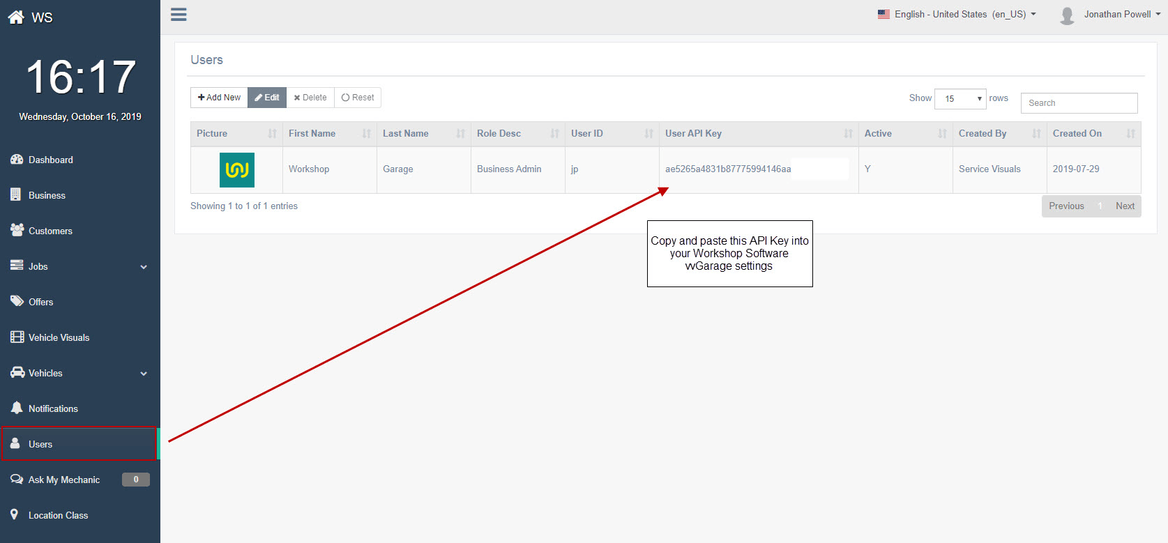 Workshop Software integrate your vvgarage account with workshop software showing “ users “ and select “ user api key “