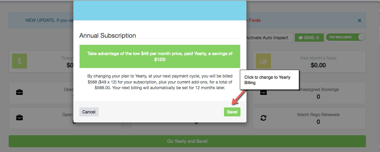 Workshop Software screen showing simply click on the green banner to “go yearly and save!”