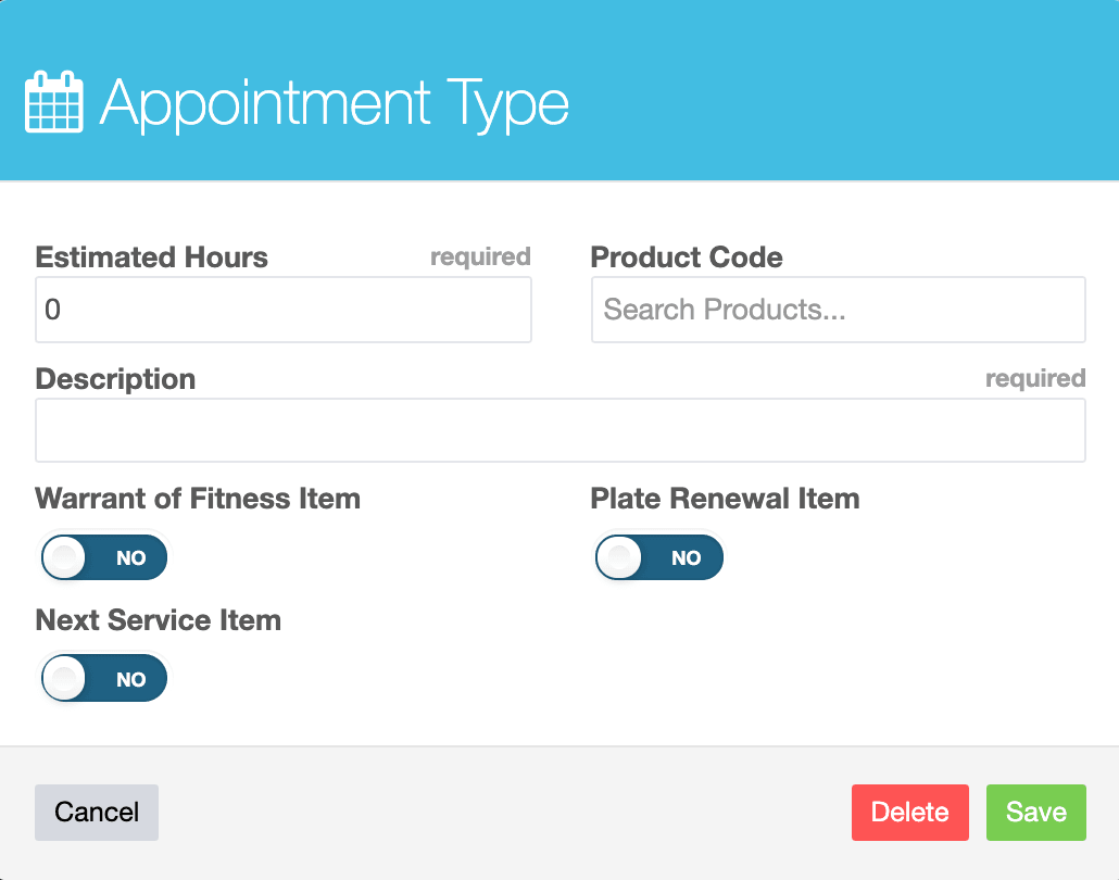 Workshop Software public booking diary - setting up appointment types showing name of the service or appointment type