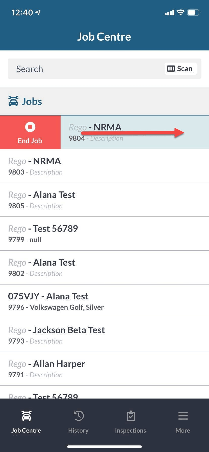 Workshop Software screen showing you clock off the same way by swiping right on the job