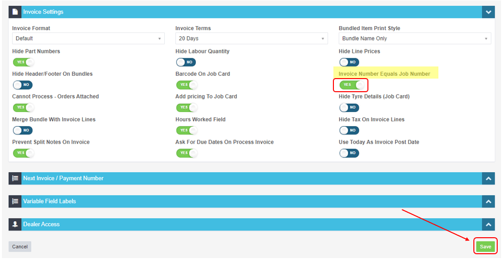 Workshop Software match job card and invoice numbers showing ‘no’ under invoice number equals job number so that it change…
