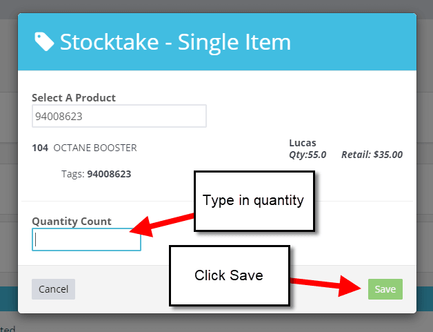 Workshop Software how to use a barcode scanner showing ‘quantity count’ field and click save
