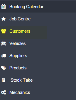 Customers menu with blue car icon to add a new vehicle for a selected customer