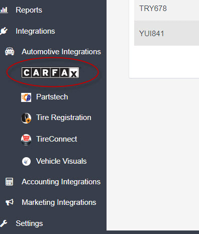 Workshop Software Integrations menu showing Carfax option under marketing integrations