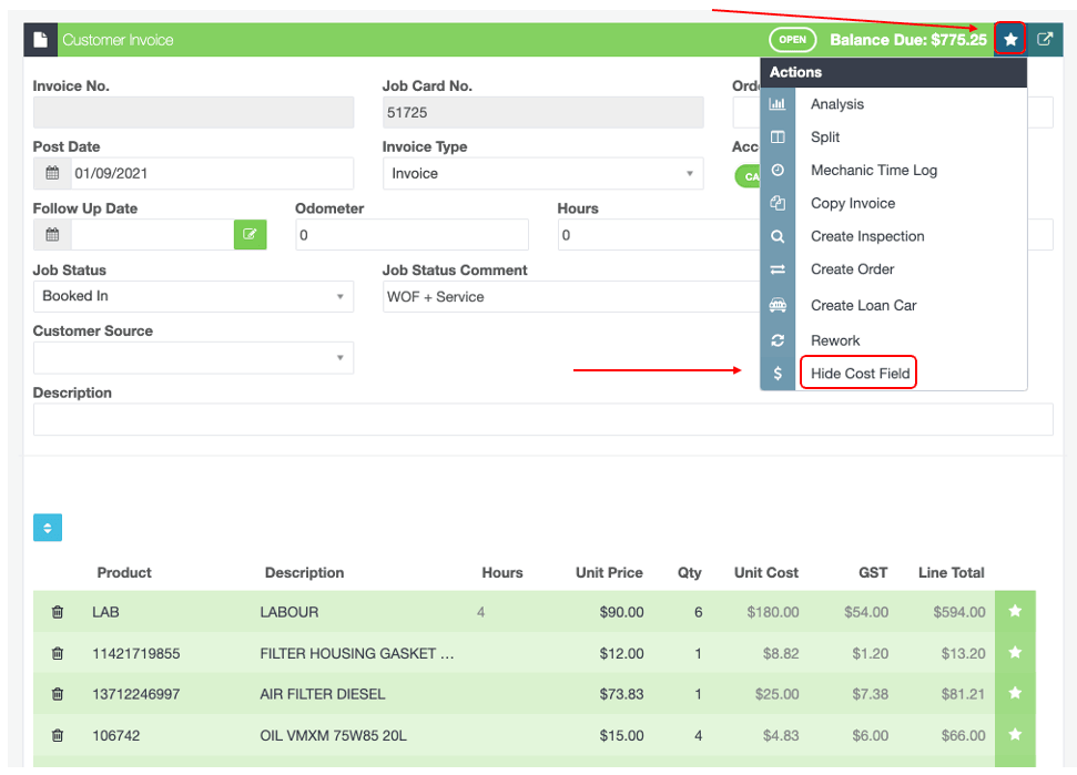 Workshop Software how to hide unit cost column on the invoice screen showing green ‘actions star’ icon in the customer inv…