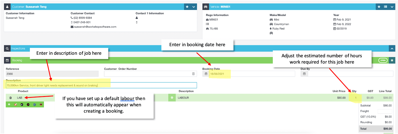 Workshop Software how to quickly create a booking in workshop software showing save button at the bottom right corner of t…