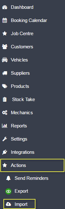 Actions menu with Import option selected in Workshop Software left navigation