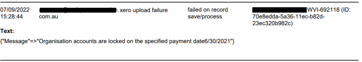 Workshop Software screen showing xero lock date error when you see the following message on your error report