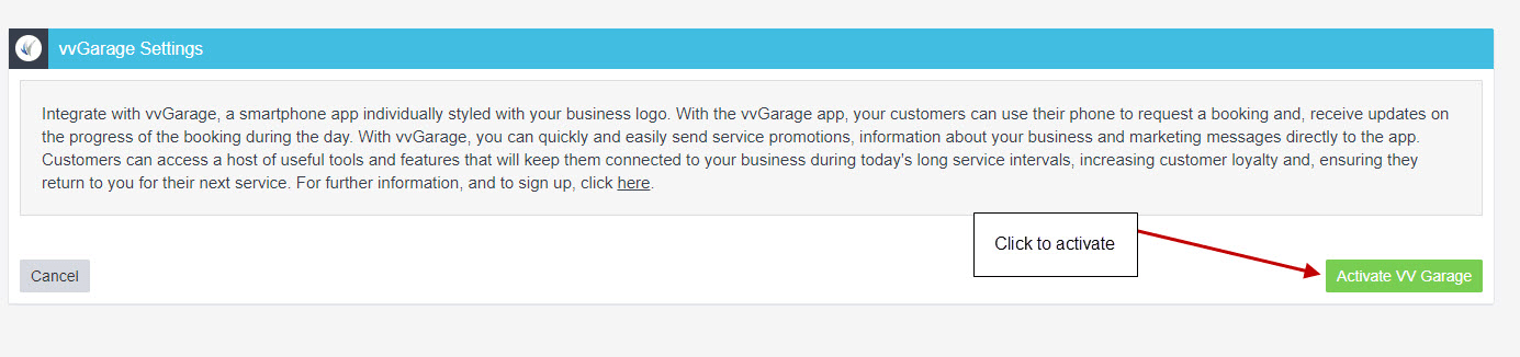 Workshop Software integrate your vvgarage account with workshop software showing “ activate vv garage “ ( skip this step i…