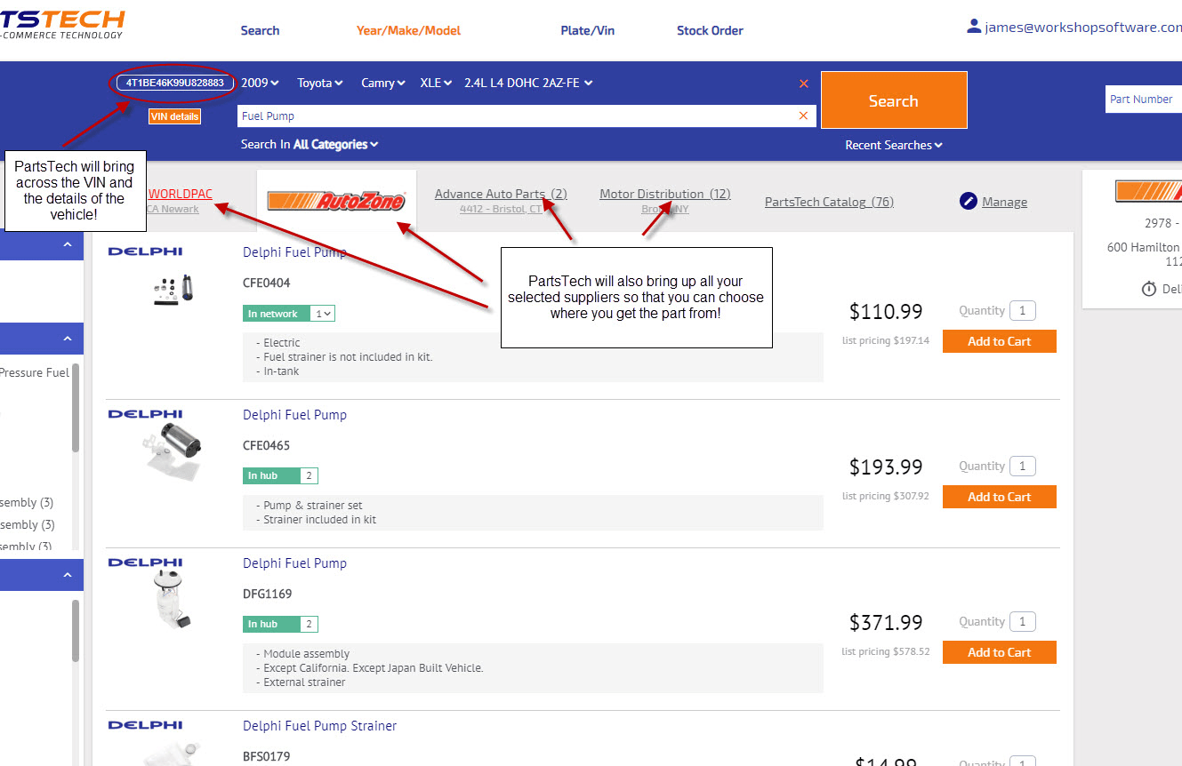 Workshop Software screen showing it will display all your relevant suppliers to choose where you order the par…