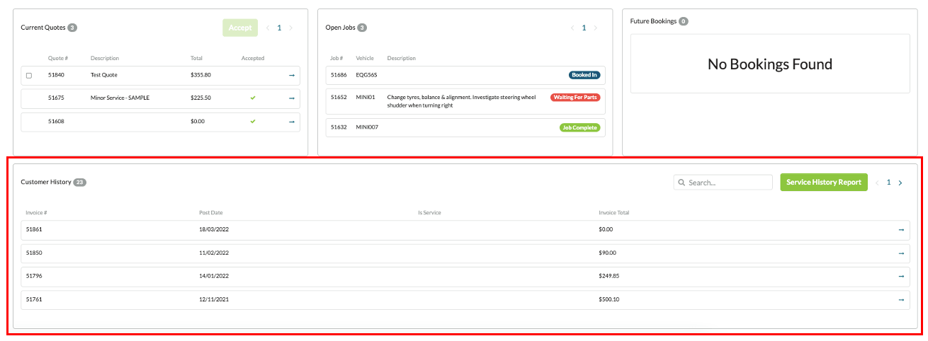 screenshot of customer portal highlighting the list of historical invoices