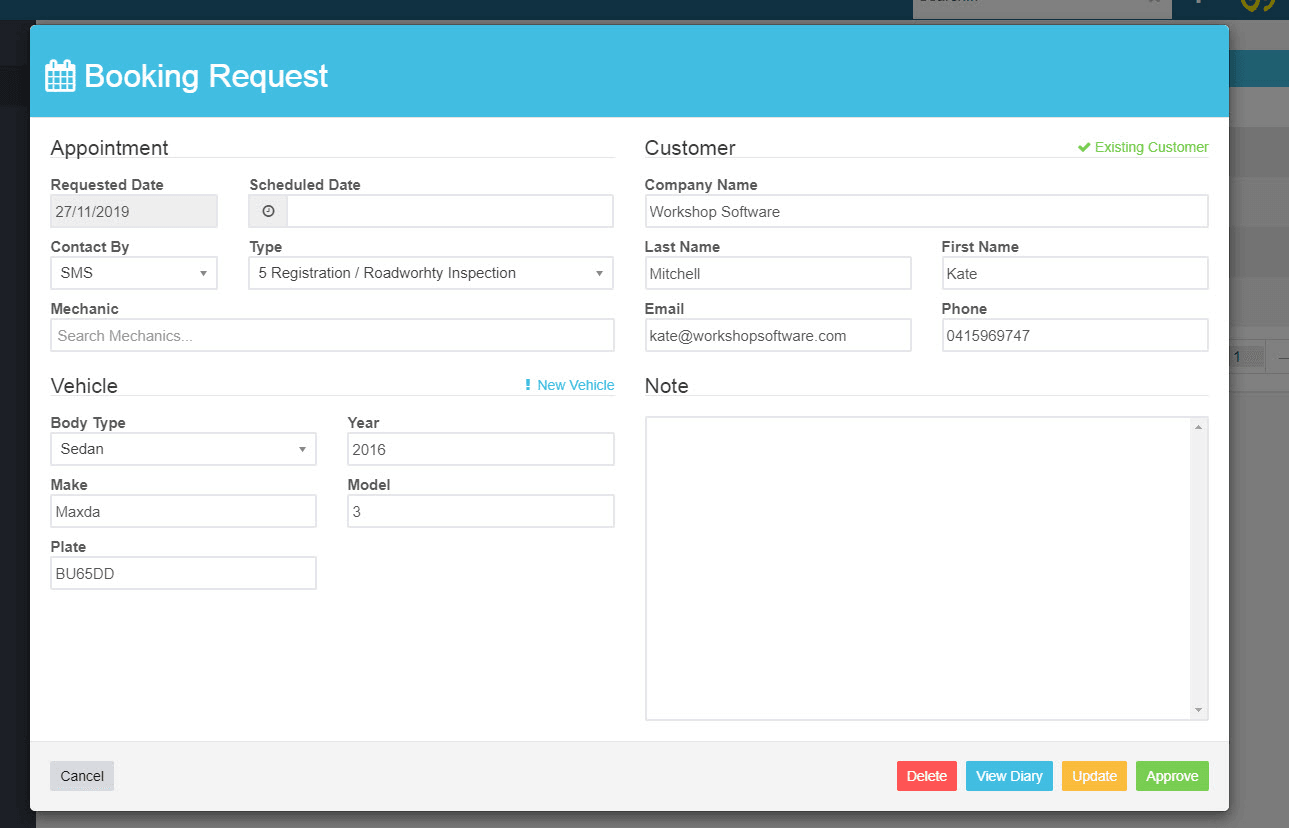Pop up window with details of booking request