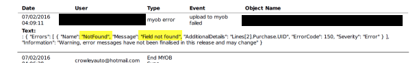 Workshop Software myob error - field not found step 1 of 1