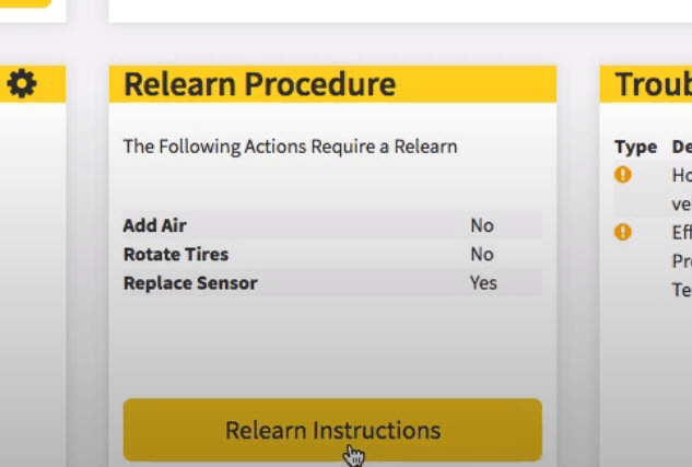 Workshop Software screen showing if you press on ’ relearn procedure ’, this will give you the tpms management…