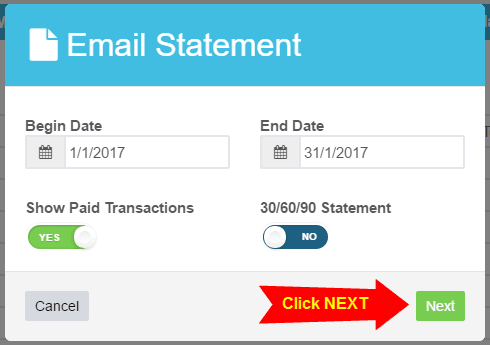 Workshop Software screen showing if you choose to email the customer statement, click ‘next’ and then enter em…
