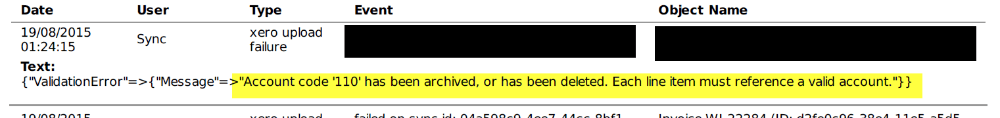 Workshop Software xero sync error - account has been archived, or has been deleted step 1 of 1