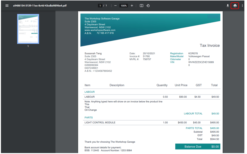 Workshop Software screen showing the invoice will appear in a new tab in your web browser, click on the printe…