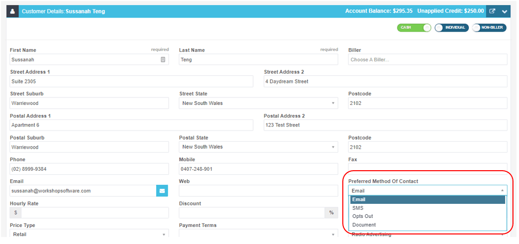 Workshop Software screen showing the ’ preferred method of contact ’ field is located on the 7 row on the far …