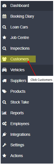 Workshop Software how to credit an invoice showing ‘customers’ from the left hand navigation bar in workshop software