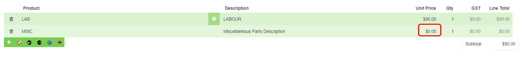 Workshop Software screen showing to change the cost of a misc item on a customer invoice click on the “ unit p…