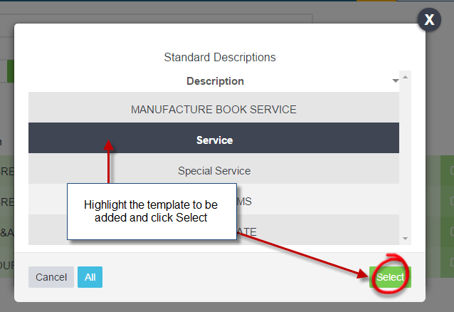 Workshop Software add templated wording to an invoice showing template you want to add from the list, highlight the templa…