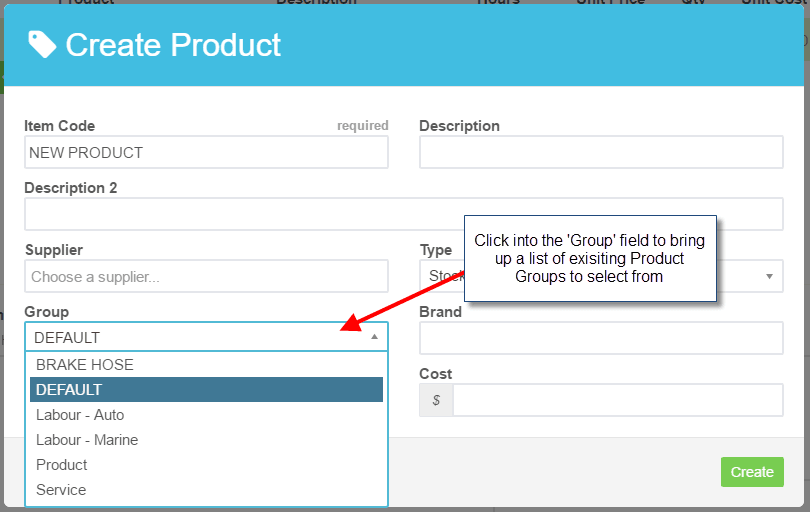 Workshop Software screen showing after clicking on the green +add new product icon in the customer invoice the…