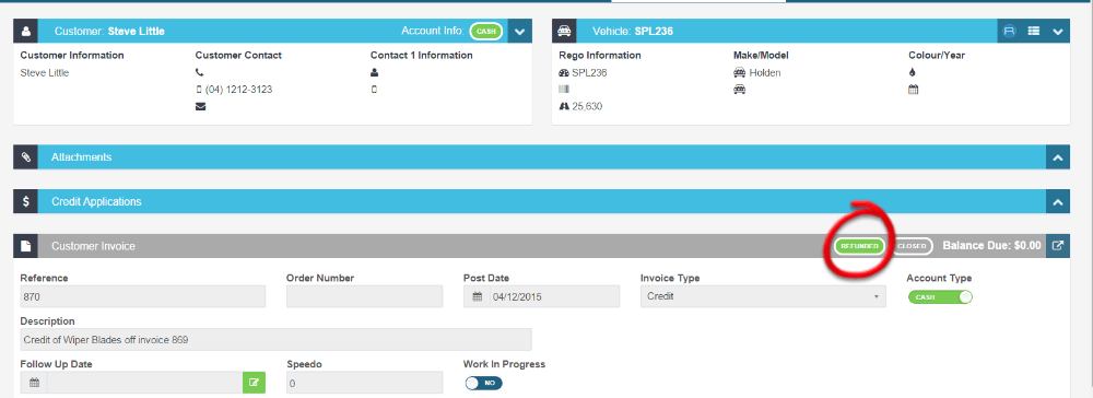 Workshop Software screen showing the invoice is now processed and shows as refunded