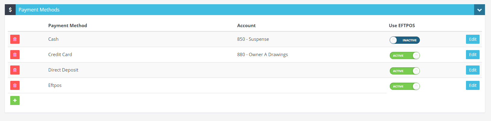 Workshop Software select a bank account in xero for a payment method xero only showing down to the ‘payment methods’ section