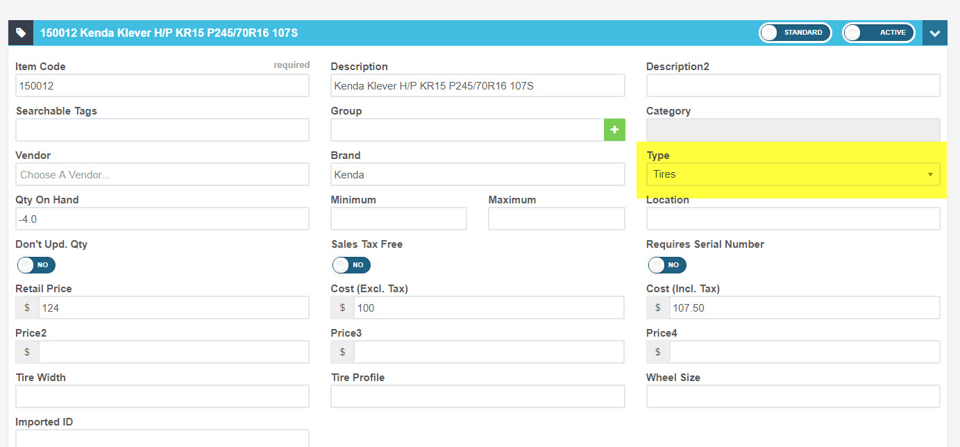 Workshop Software screen showing to make sure your product is classed as a tire, you can go into the product d…
