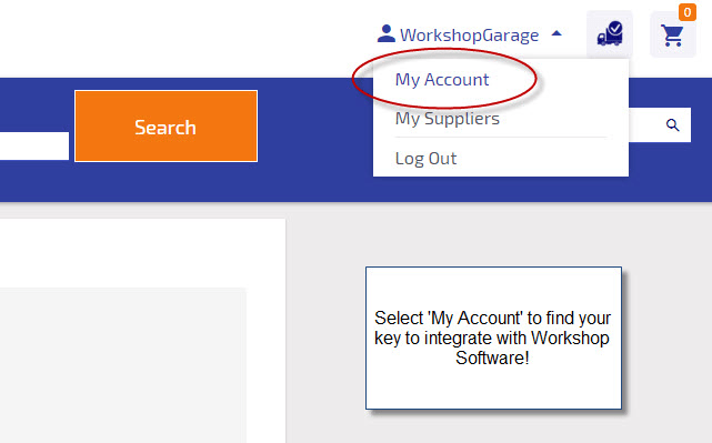 Workshop Software screen showing to find these details go back to your partstech account and click on ’my acco…