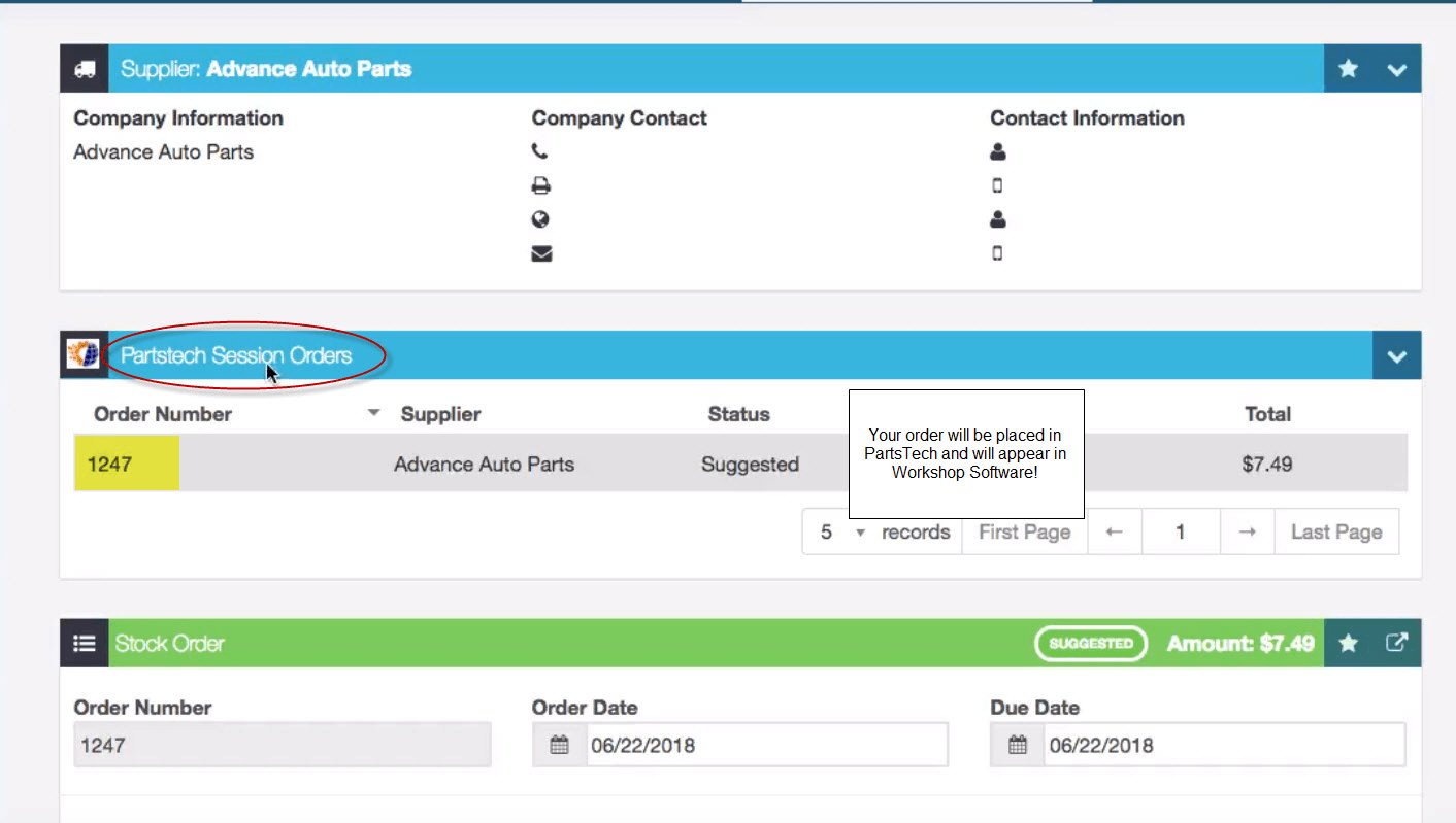 Workshop Software screen showing this will match with the order in partstech!