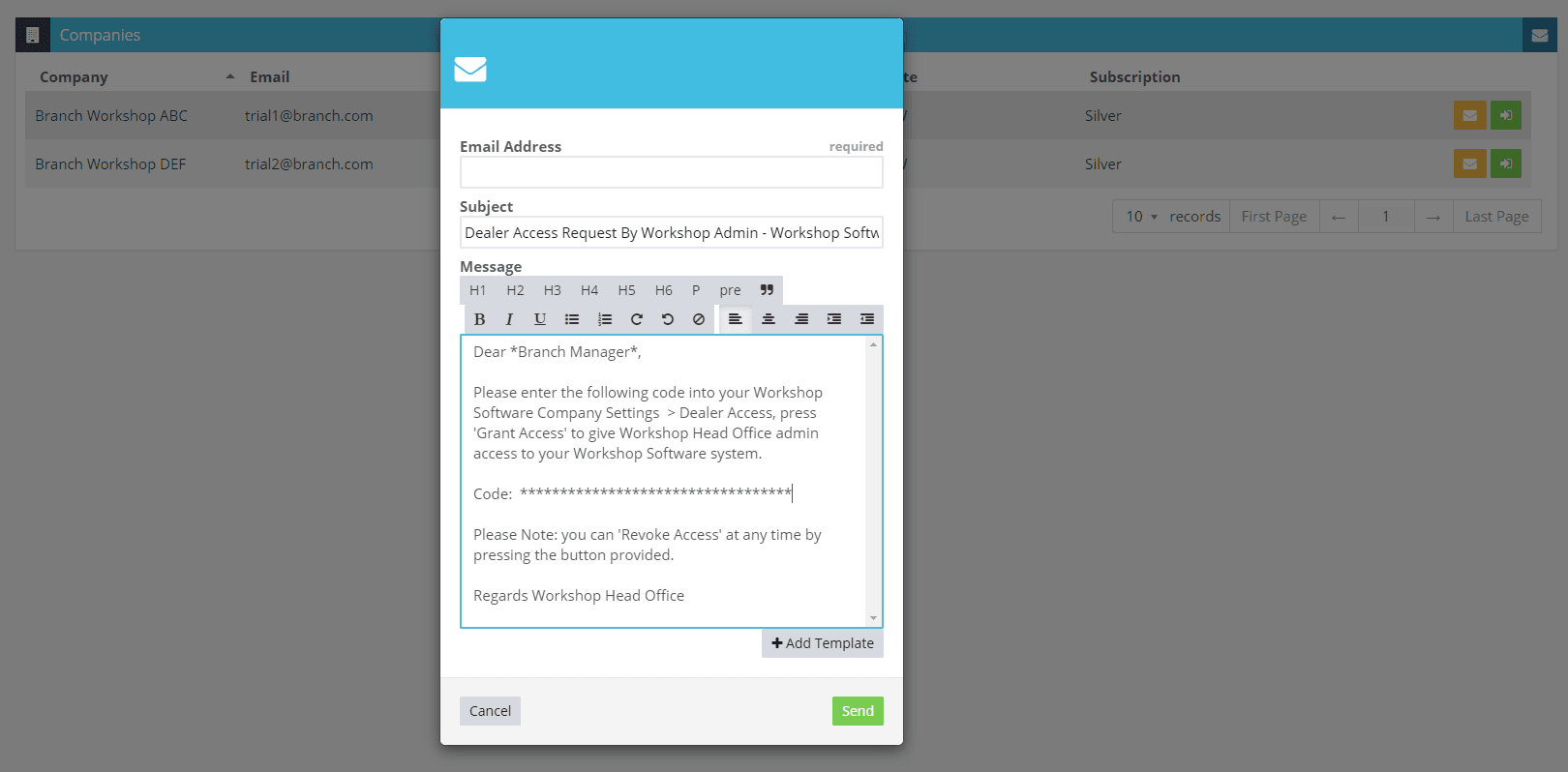 Workshop Software screen showing this gives you the option to send an email with the code n eeded to grant the…