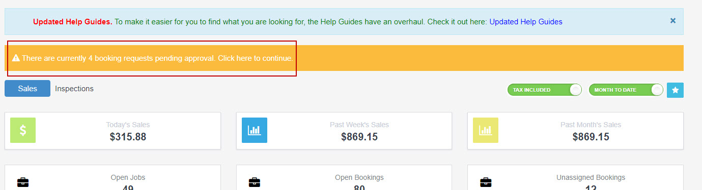 Dashboard showing notification of new booking request