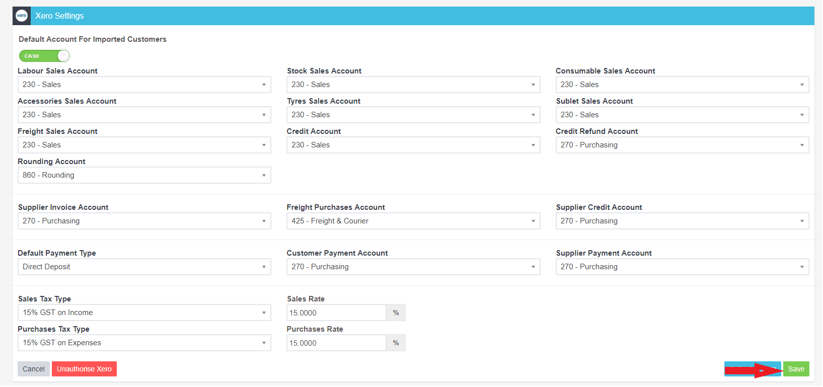 Workshop Software screen showing return to workshop software and save the xero integration