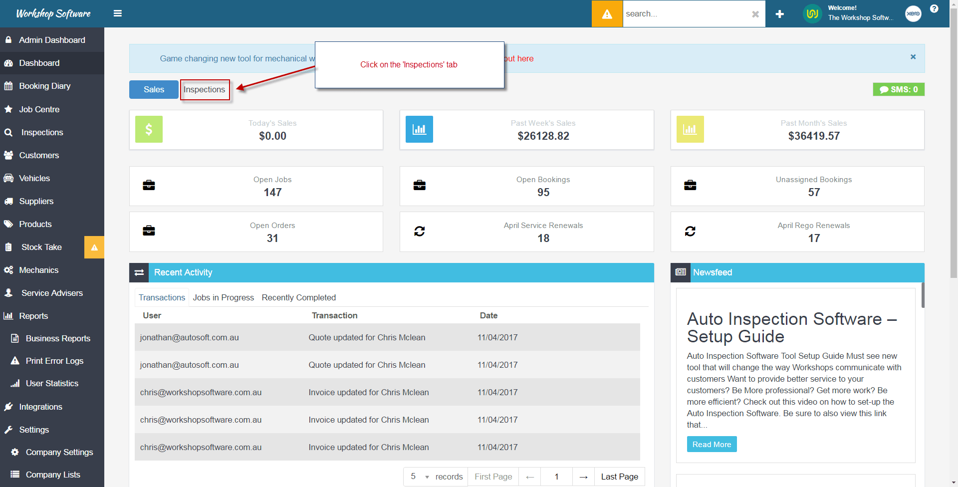 Workshop Software view an inspection draft showing inspections tab