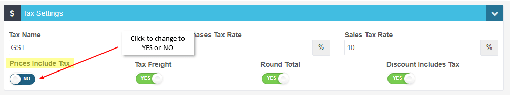 Workshop Software screen showing look for the field labelled ‘prices include tax’ , by changing the toggle you…