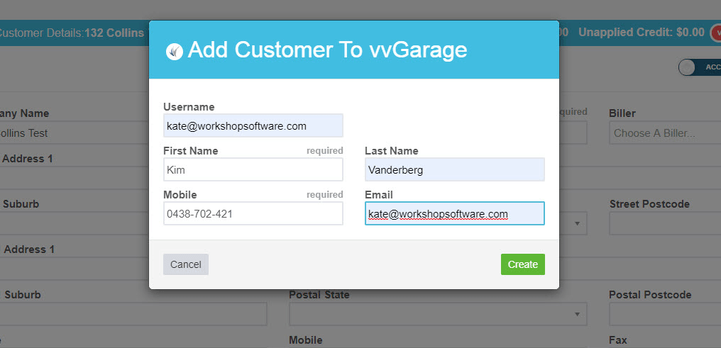 Workshop Software screen showing username (email address) first name last name mobile email address
