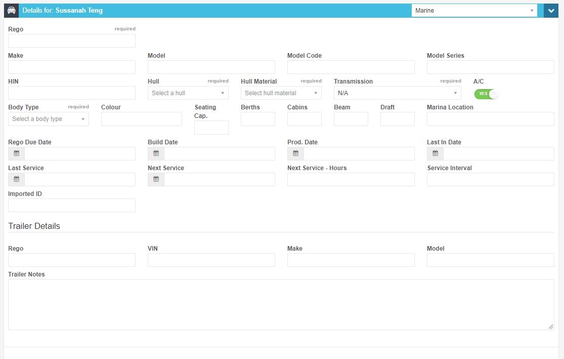 Workshop Software screen showing you will notice now the fields have changed to be relevant to a marine ’vehic…