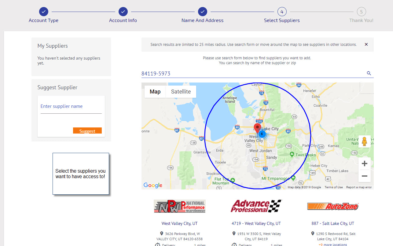 Workshop Software screen showing the really cool thing you can now do is select the suppliers within a 25 mile…