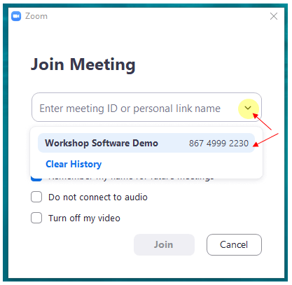 Workshop Software attend a zoom meeting showing ↓ arrow on the enter meeting id or personal link name field, then click on…