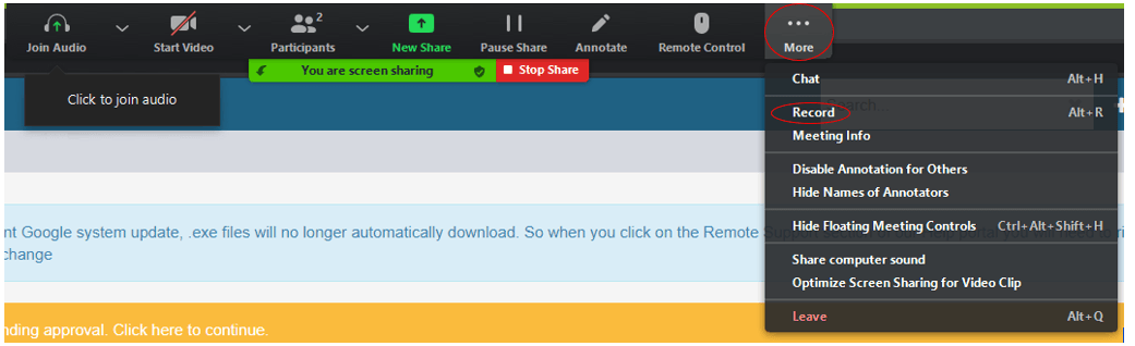 Workshop Software screen showing to record the session, click on the more option in the zoom remote control pa…