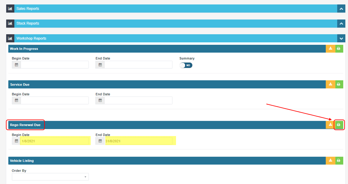 Workshop Software screen showing for example if you want to know which vehicles in your database has a rego du…