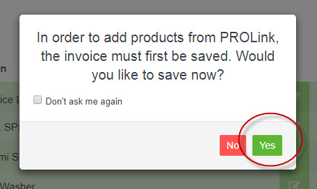 Workshop Software order parts through covs/prolink showing ’ yes ’ when promoted to save the invoice