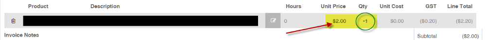 Workshop Software screen showing however, you can have the unit price as a positive, and the quantity as a neg…