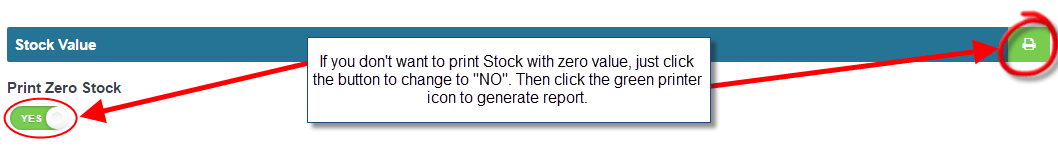 Workshop Software run a stock value report showing ‘green printer’ icon to generate the report, it will open in a new tab …