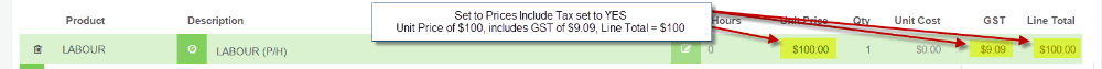 Workshop Software screen showing workshop software will not add gst to the price of the item but will show how…
