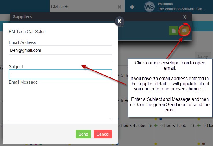 Workshop Software how to send an email to a supplier from workshop software showing subject and message and click on the g…